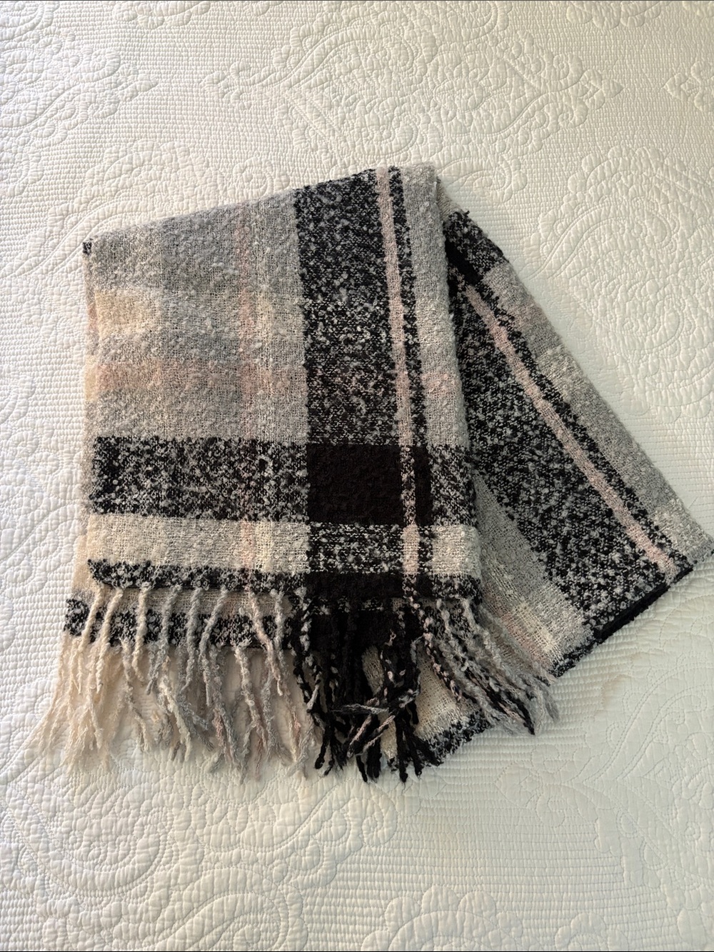 Cozy Plaid Fringe Scarf in Black, Cream & Blush